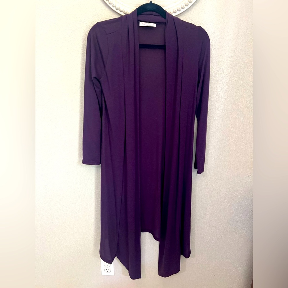 Purple Long Cardigan Sweater with Open Front